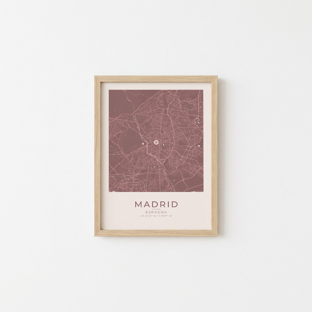 Custom personalized map poster in minimalist oak frame Madrid Blush Wine