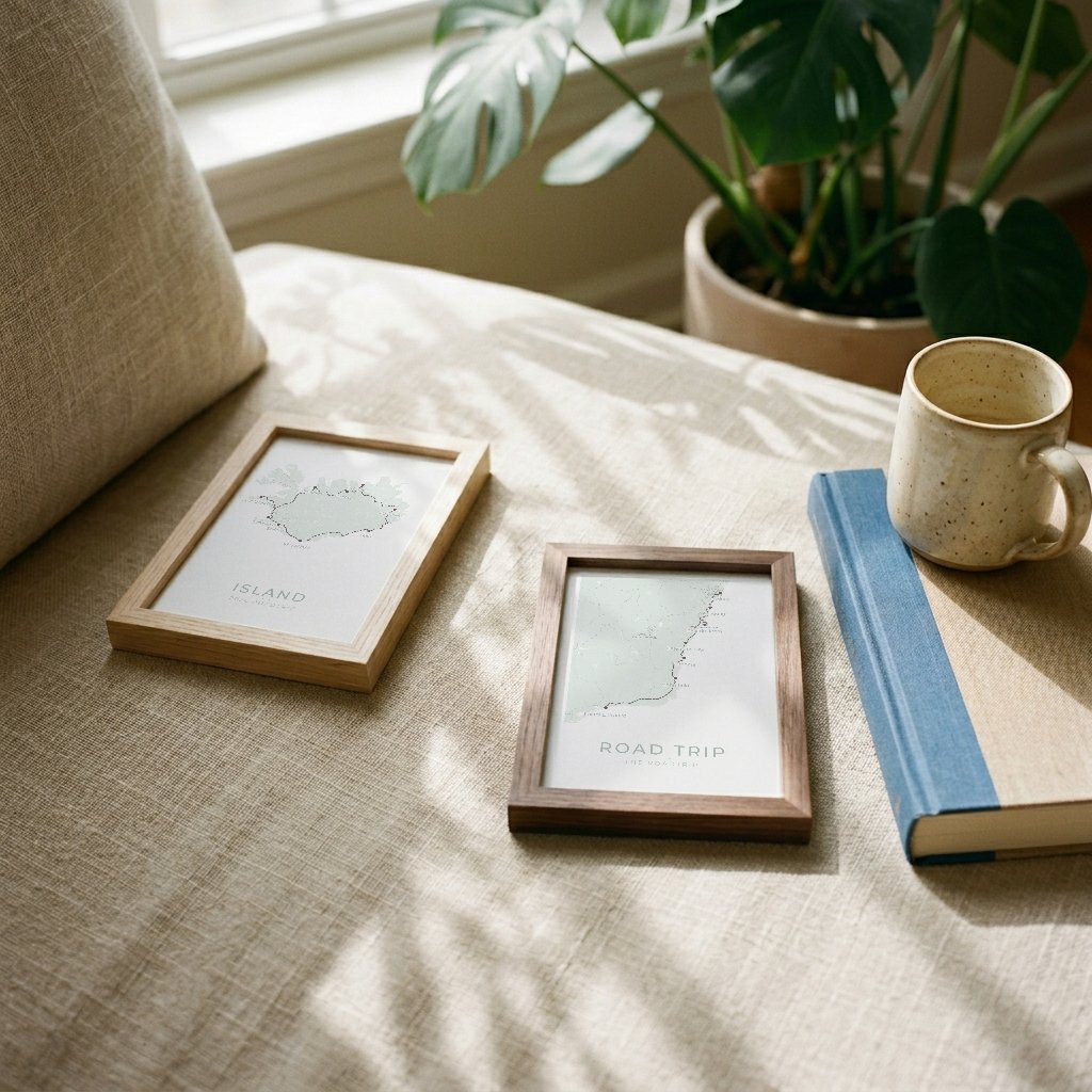 Custom Iceland Island Ring Road travel map poster framed on elegant linen wall