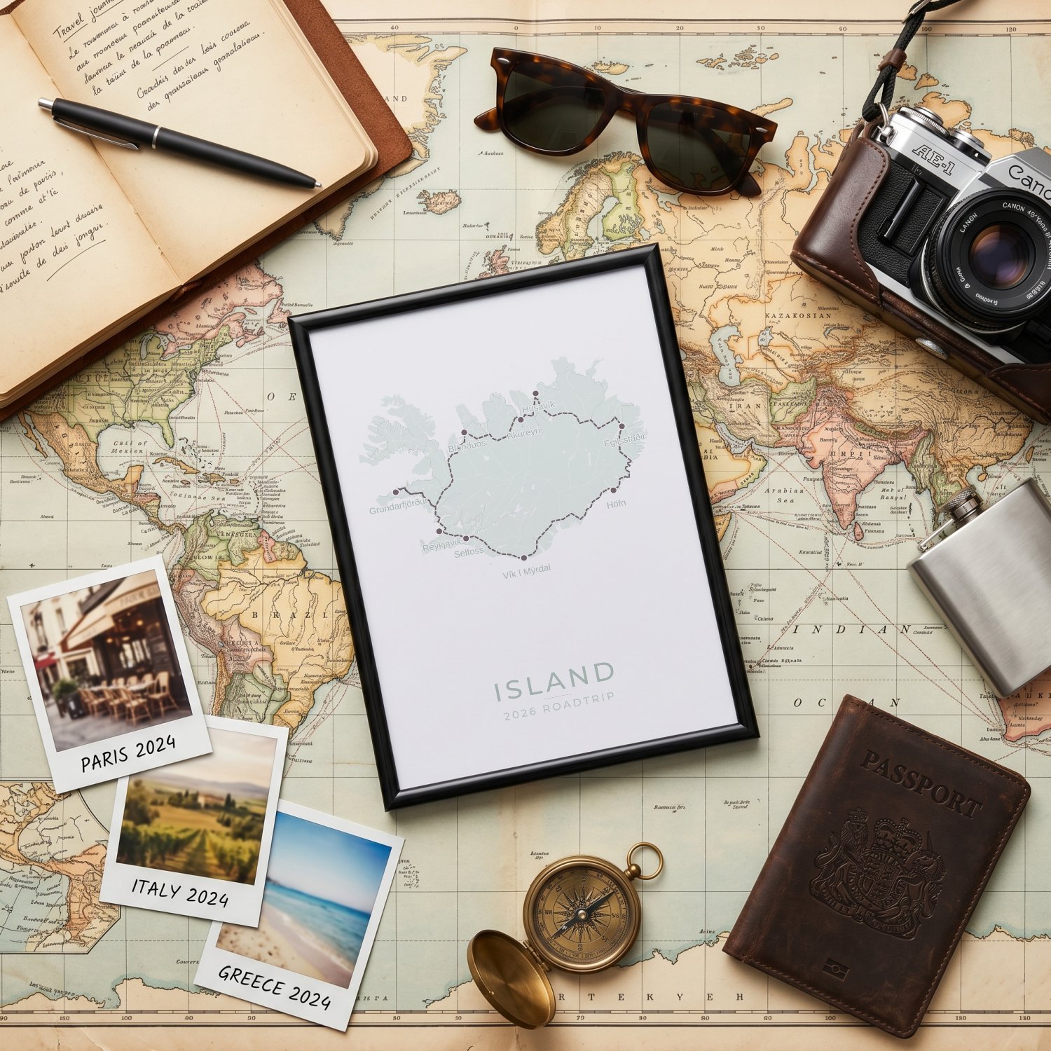 Iceland Ring Road adventure travel map framed with vintage souvenirs