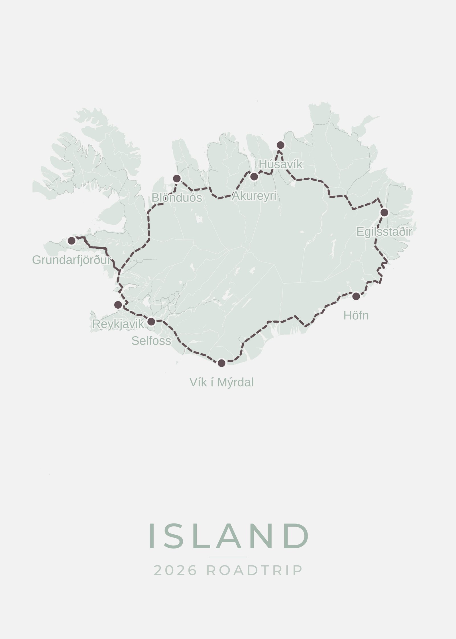 Iceland Route 1 Ring Road travel map poster Soft Mint