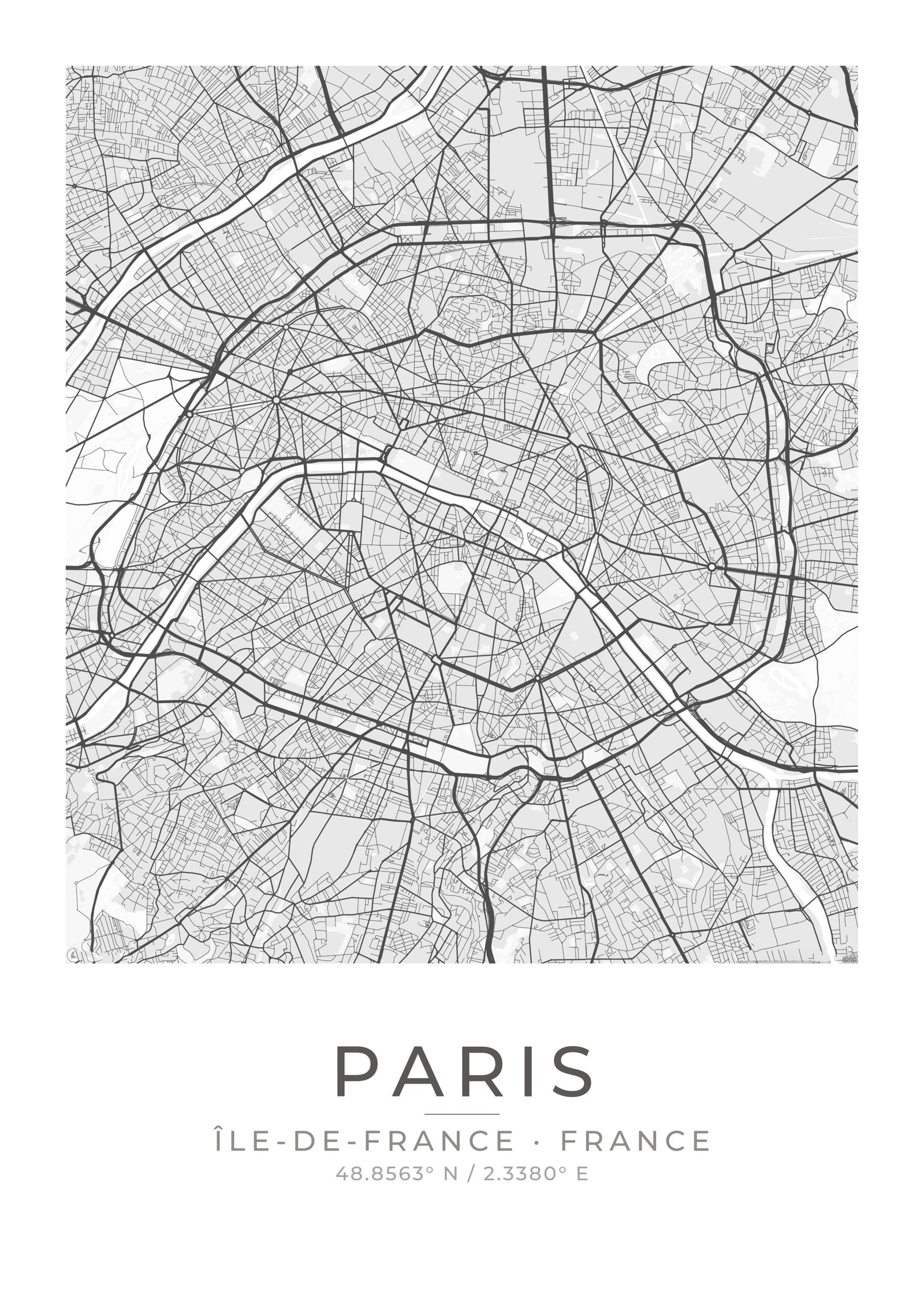 Paris France custom street map poster Porcelain Grey theme
