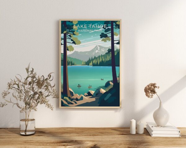 Print Lake Tahoe Poster California-Nevada Border Poster Ski Snowy Mountains Wall Decor Crystal Clear Water Art Print USA