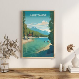 Print Lake Tahoe Poster California-Nevada Canoe Poster Ski Snowy Mountains Wall Decor Crystal Clear Water Art Print USA