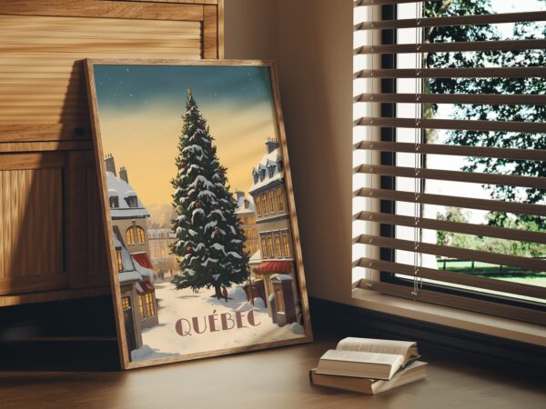 Print Old Quebec poser Christmas Tree Poster December in Old Quebec Wall Decor Holiday Festivity Art Print Canada Quebec City Canada