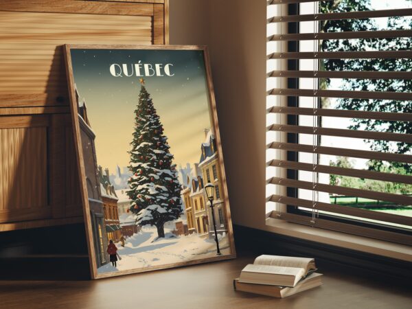 Print Old Quebec poser Christmas Tree Poster December in Old Quebec Wall Decor Holiday Festivity Art Print Canada Quebec City Canada