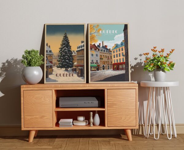 Print Old Quebec poser Christmas Tree Poster December in Old Quebec Wall Decor Holiday Festivity Art Print Canada Quebec City Canada