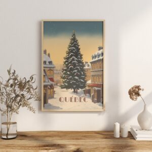 Print Old Quebec poser Christmas Tree Poster December in Old Quebec Wall Decor Holiday Festivity Art Print Canada Quebec City Canada