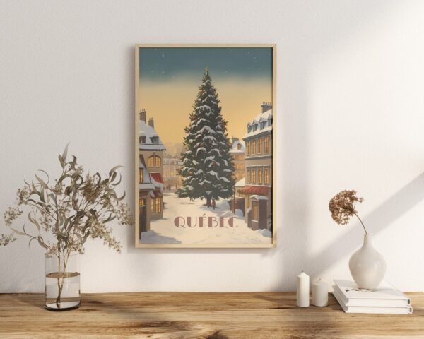 Print Old Quebec poser Christmas Tree Poster December in Old Quebec Wall Decor Holiday Festivity Art Print Canada Quebec City Canada