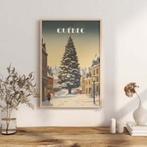 Print Old Quebec poser Christmas Tree Poster December in Old Quebec Wall Decor Holiday Festivity Art Print Canada Quebec City Canada