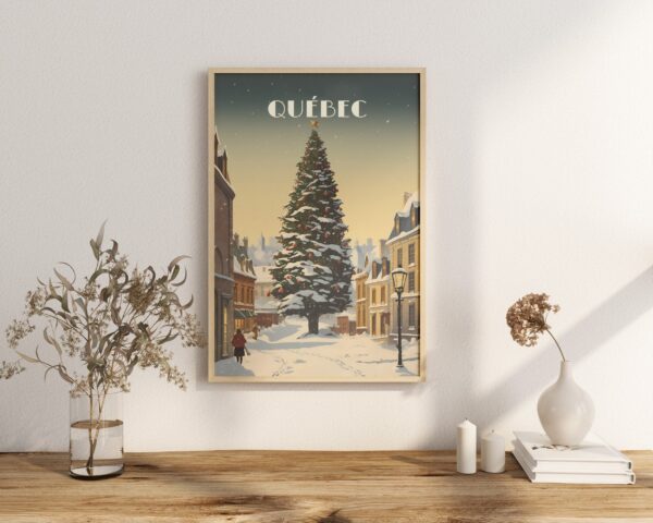 Print Old Quebec poser Christmas Tree Poster December in Old Quebec Wall Decor Holiday Festivity Art Print Canada Quebec City Canada