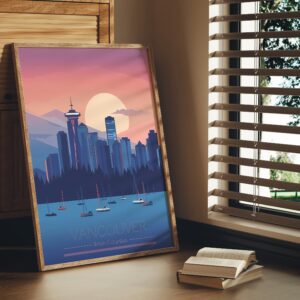 Print Skyline Vancouver Poster British Columbia Poster Ocean Night Seawall Routes Wall Decor Visit Art Print Canada Tower