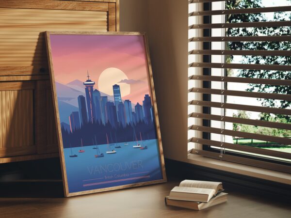 Print Skyline Vancouver Poster British Columbia Poster Ocean Night Seawall Routes Wall Decor Visit Art Print Canada Tower