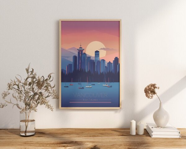 Print Skyline Vancouver Poster British Columbia Poster Ocean Night Seawall Routes Wall Decor Visit Art Print Canada Tower