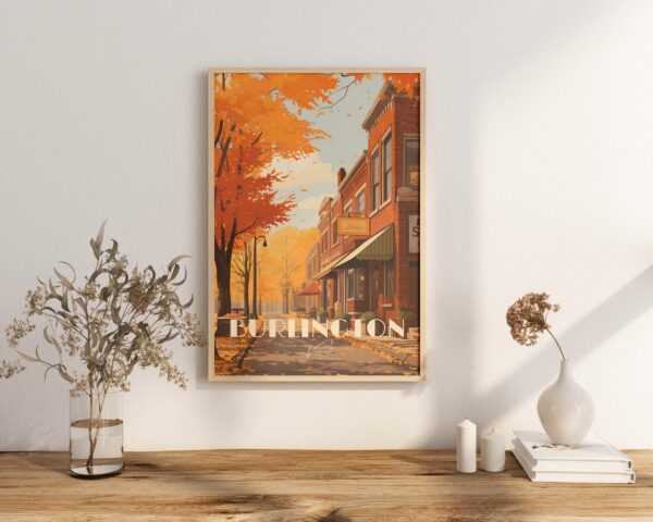 Print Burlington Poster Vermont Paved Street Restaurant Bar Champlain Lake Poster Church Street Art Downtown Print maple Leaf Fall