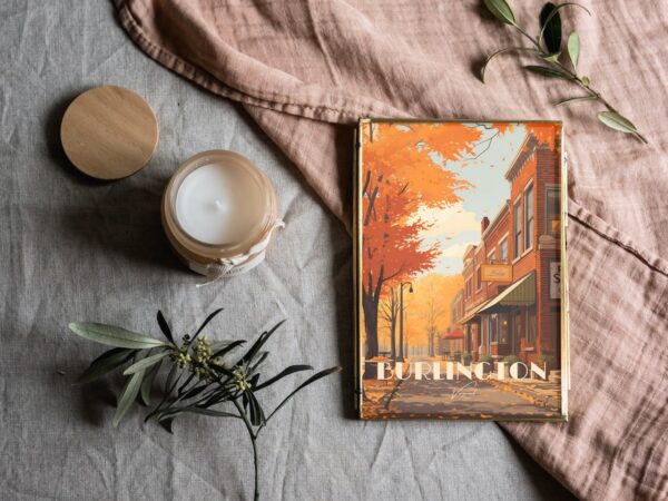 Print Burlington Poster Vermont Paved Street Restaurant Bar Champlain Lake Poster Church Street Art Downtown Print maple Leaf Fall