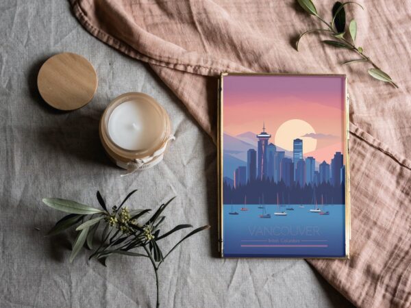 Print Skyline Vancouver Poster British Columbia Poster Ocean Night Seawall Routes Wall Decor Visit Art Print Canada Tower