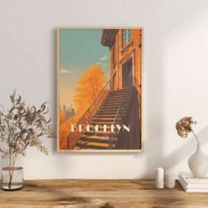 Print Brooklyn New York Skyline USA Apple city Paved Street Print Historical Building Artist Poster Stairs Print maple Leaf Fall