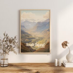 Poster South Island print New Zealand Travel Poster Scenic Nature Views Art Print NZ Wall Decor Adventure Gifts