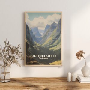 Poster Gertrude Saddle Track print Fiordland New Zealand Travel Poster Scenic Hiking Views Art Print Nature Wall Decor Adventure Gifts