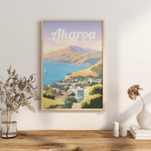 Poster Akaroa print Canterbury New Zealand Travel Poster Scenic Coastal Views Art Print NZ Wall Decor Adventure Nature Gifts