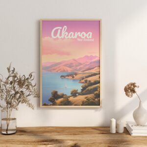 Poster Akaroa print Canterbury New Zealand Travel Poster Coastal Scenic Art Print Adventure NZ Wall Decor Nature Gifts hike village