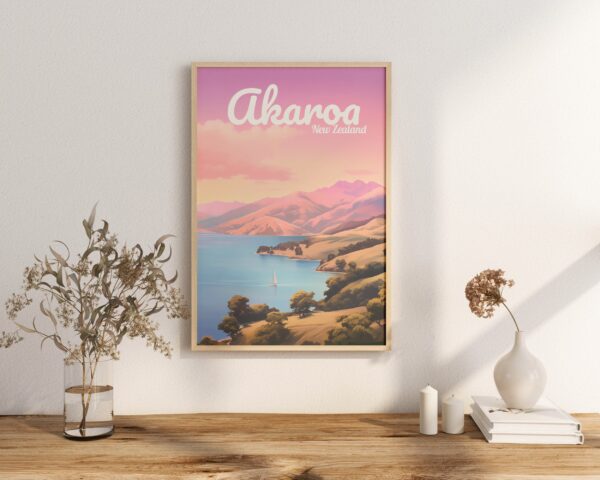 Poster Akaroa print Canterbury New Zealand Travel Poster Coastal Scenic Art Print Adventure NZ Wall Decor Nature Gifts hike village