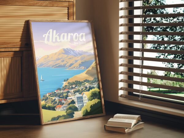 Poster Akaroa print Canterbury New Zealand Travel Poster Scenic Coastal Views Art Print NZ Wall Decor Adventure Nature Gifts