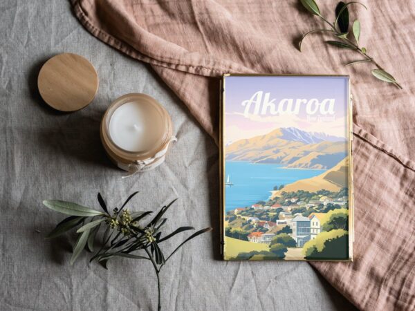 Poster Akaroa print Canterbury New Zealand Travel Poster Scenic Coastal Views Art Print NZ Wall Decor Adventure Nature Gifts