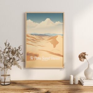 Poster Te Paki Sand Dunes print Northland New Zealand Travel Poster Scenic Coastal Views Art Print Wall Decor Adventure Gifts