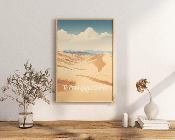 Poster Te Paki Sand Dunes print Northland New Zealand Travel Poster Scenic Coastal Views Art Print Wall Decor Adventure Gifts