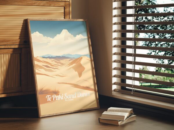 Poster Te Paki Sand Dunes print Northland New Zealand Travel Poster Scenic Coastal Views Art Print Wall Decor Adventure Gifts