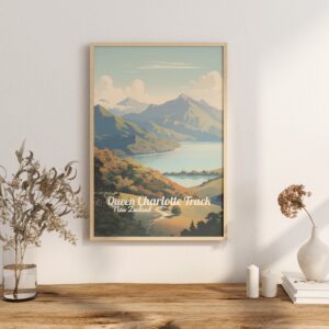 Poster Queen Charlotte Track print Marlborough New Zealand Travel Poster Scenic Hiking Views Art Print Nature Wall Decor Adventure Gifts