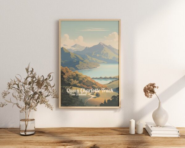 Poster Queen Charlotte Track print Marlborough New Zealand Travel Poster Scenic Hiking Views Art Print Nature Wall Decor Adventure Gifts