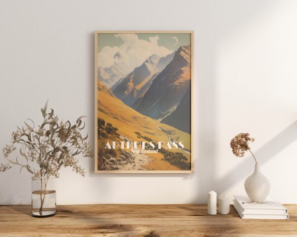 Poster Arthurs Pass print Canterbury New Zealand Travel Poster Scenic Hiking Trail Art Print Mountain Wall Decor Adventure Gifts