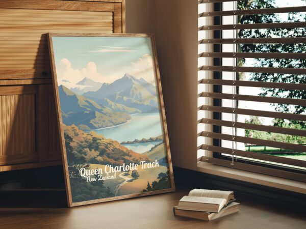 Poster Queen Charlotte Track print Marlborough New Zealand Travel Poster Scenic Hiking Views Art Print Nature Wall Decor Adventure Gifts