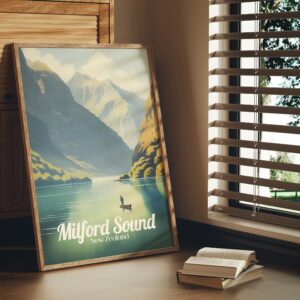 Poster Milford Sound print Fiordland New Zealand Travel Poster Scenic Fjord Views Art Print Nature Wall Decor Adventure Gifts