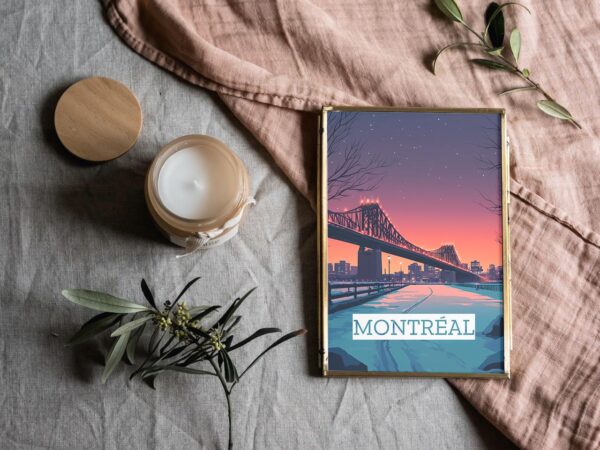 Poster Montreal Jacques Cartier bridge Quebec Saint Laurent Downtown and Mount Royal Poster, winter winter night print quebec poster