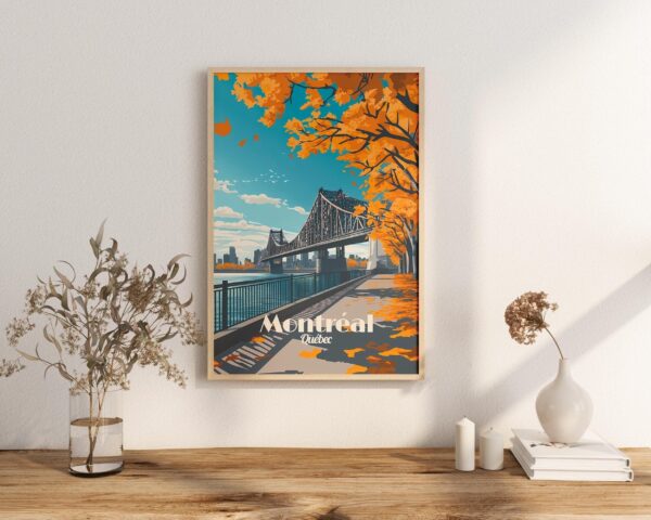 Poster Montreal Jacques Cartier bridge Quebec Saint Laurent Downtown and Mount Royal Poster, winter autonm fall print quebec poster