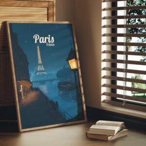 Print Paris Eiffel Tower Poster France Night Lights Wall Decor Romantic Cityscape Art Print Seine River Europe Boat print