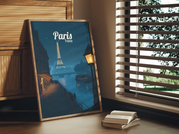 Print Paris Eiffel Tower Poster France Night Lights Wall Decor Romantic Cityscape Art Print Seine River Europe Boat print