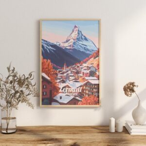 Print Zermatt Matterhorn Poster Switzerland Alpine Peaks Wall Decor Swiss Alps Art Print Winter Adventure Ski Town