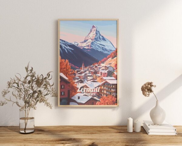 Print Zermatt Matterhorn Poster Switzerland Alpine Peaks Wall Decor Swiss Alps Art Print Winter Adventure Ski Town