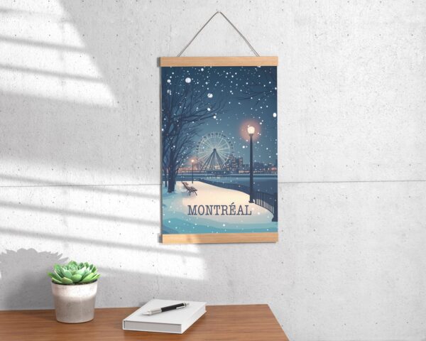 Poster Montreal City Print - Old Port Quebec Saint Laurent Street Ferris Wheel Downtown and Mount Royal Poster, winter snow quebec poster