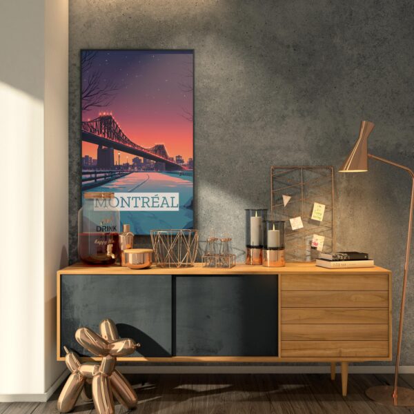 Poster Montreal Jacques Cartier bridge Quebec Saint Laurent Downtown and Mount Royal Poster, winter winter night print quebec poster