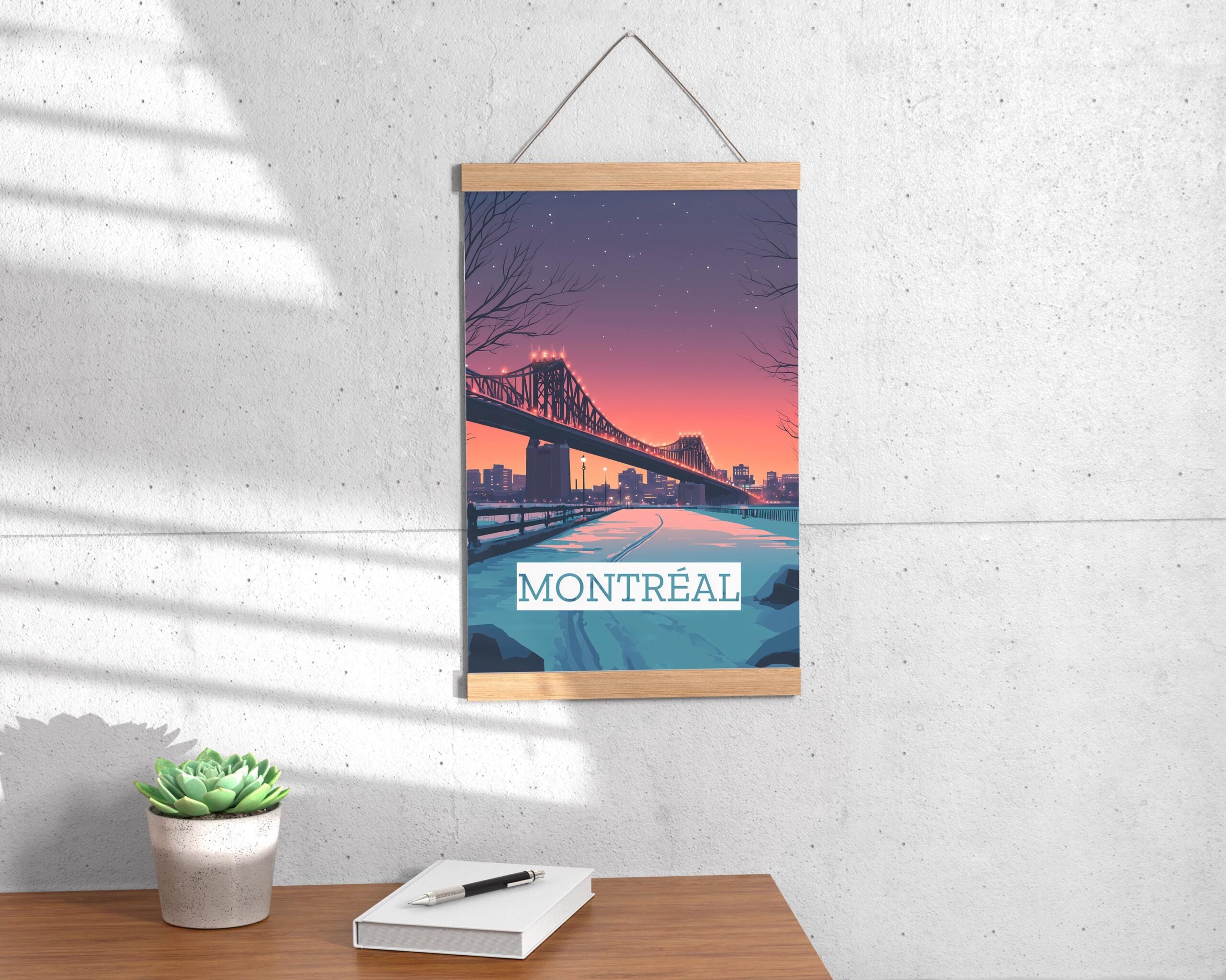 Poster Montreal Jacques Cartier bridge Quebec Saint Laurent Downtown and Mount Royal Poster, winter winter night print quebec poster