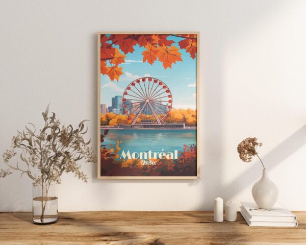 Poster Montreal City Print - Old Port Quebec Saint Laurent Street Ferris Wheel Downtown and Mount Royal Poster