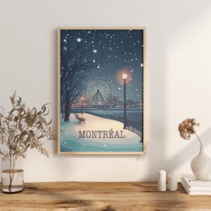 Poster Montreal City Print - Old Port Quebec Saint Laurent Street Ferris Wheel Downtown and Mount Royal Poster, winter snow quebec poster