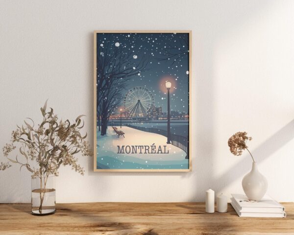 Poster Montreal City Print - Old Port Quebec Saint Laurent Street Ferris Wheel Downtown and Mount Royal Poster, winter snow quebec poster