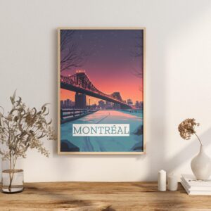 Poster Montreal Jacques Cartier bridge Quebec Saint Laurent Downtown and Mount Royal Poster, winter winter night print quebec poster