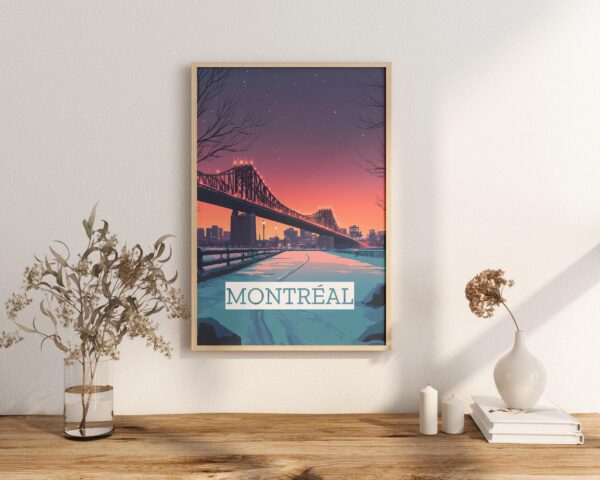 Poster Montreal Jacques Cartier bridge Quebec Saint Laurent Downtown and Mount Royal Poster, winter winter night print quebec poster